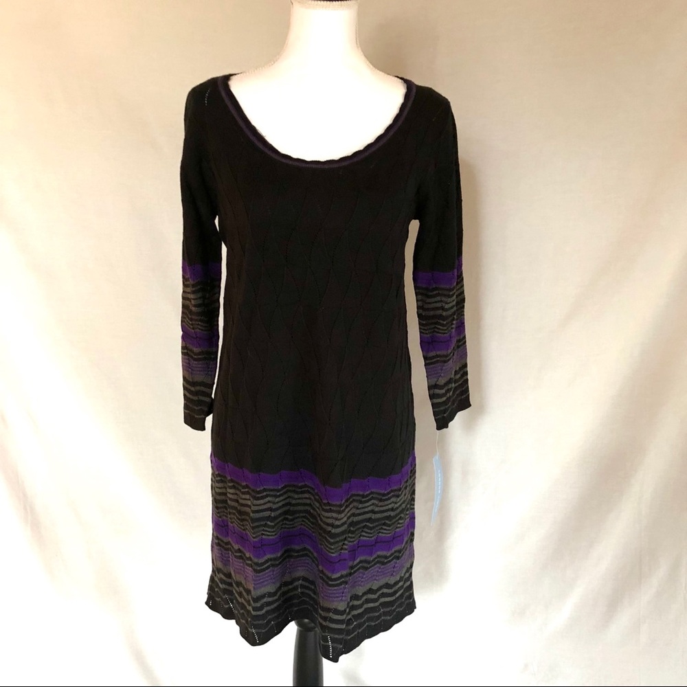 London Times Black Purple Sweater Dress Medium NEW NWT Scoop Neck Gray